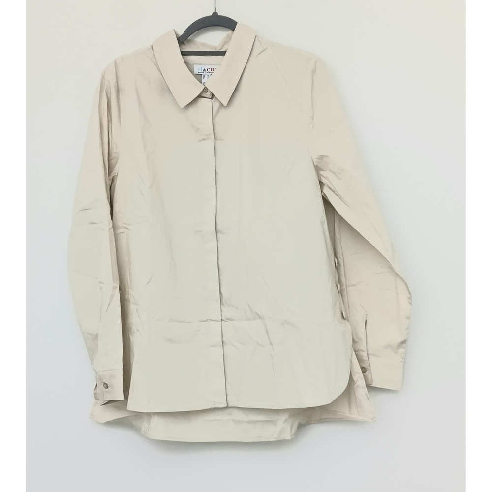 Denim & Co Shirt Women's Size L Coolmax Curved Hem w/ Button Detail Tan NEW